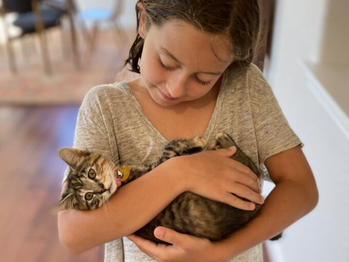 girl cradling cat in arms